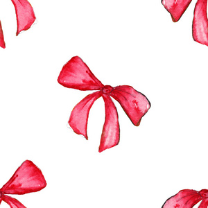 水彩的红色粉红色蝴蝶结胶带丝带礼品无缝图案背景