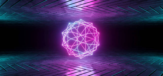 未来科幻反光暗室壁纸与紫色和蓝色渐变发光抽象霓虹灯管形状在中间3d 渲染例证
