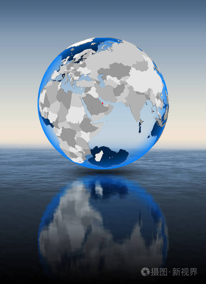 卡塔尔在世界上漂浮在水中的红色。3d 插图