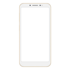现实的金色智能手机被隔离在白色背景。金色矢量无框智能手机, 手机在白色背景下被隔离