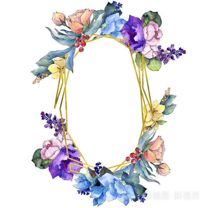 水彩五颜六色的花束热带花 花卉植物花 框边框装饰广场 背景 质地 包装图案 框架或边框的水彩画野花照片 正版商用图片0sn8e1 摄图新视界