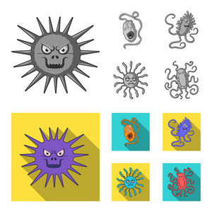 不同类型的微生物和。和细菌集合图标在单色, 平面式矢量符号股票插画网站