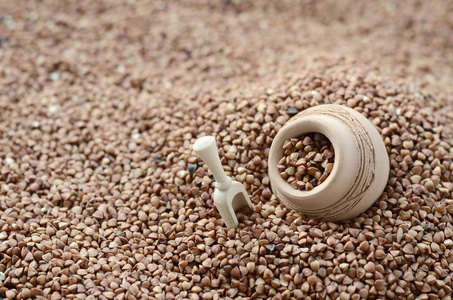 一大堆荞麦的背景图像, 中间有一个小水罐和一个木铲谷物