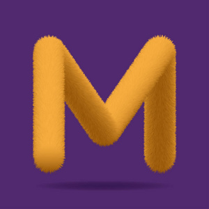 橙色毛皮大写字母 M, 由毛皮纹理组成的字母矢量
