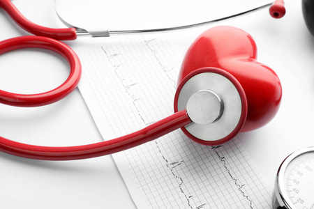 医疗听诊器, 红色心脏和心电图在白色背景, 特写