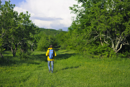 在森林里徒步旅行，背包里的男人