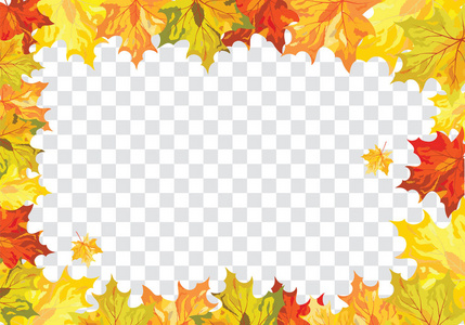 秋天框架与下落的枫叶在透明度 alpha 网格背景。矢量插图