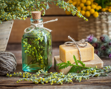瓶的龙蒿叶酊 健康草本和肥皂