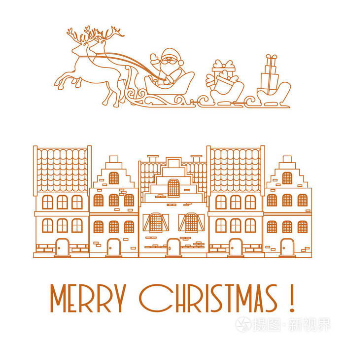 圣诞贺卡向量例证圣诞老人与礼物在雪橇与驯鹿和房子。明信片横幅印刷品的设计