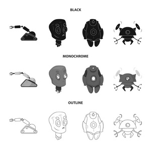 机器人和工厂符号的孤立对象。库存机器人和空间矢量图标的采集