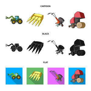 摩托块拖车等农业设备。农业机械集合图标卡通, 黑色, 平面矢量符号股票插画网站