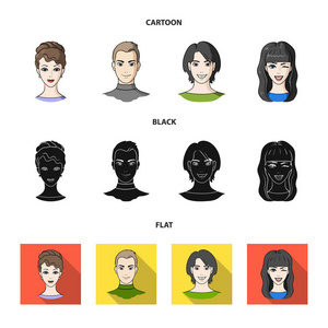 年轻人的不同外貌。头像和脸集图标在卡通, 黑色, 平面式矢量符号股票插画网站