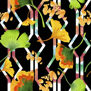 五颜六色的叶子银杏。叶植物植物园花叶。无缝的背景图案。织物墙纸打印纹理。背景纹理包装图案的水彩画叶