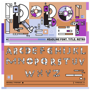 丰富多彩的复古字母的矢量。独特的字体设计和插图模板的技术和机器人风格。海报和标题出版物的版式