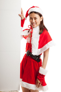 亚洲圣诞圣诞老人女孩与空白符号