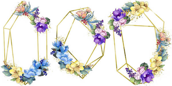 水彩五颜六色的花束热带花。花卉植物花。独立的插图元素。背景质地包装图案框架或边框的水彩画野花
