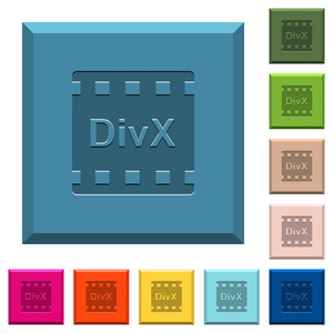 Divx 电影格式在各种时髦颜色的边缘方形按钮上刻上图标