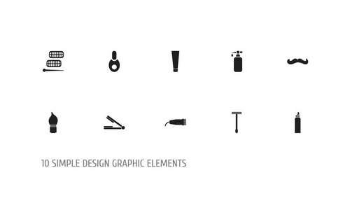 设置10个可编辑的美容师图标。包括剃须刷卷毛辊直发矫直机等符号。可用于 web移动Ui 和图表设计