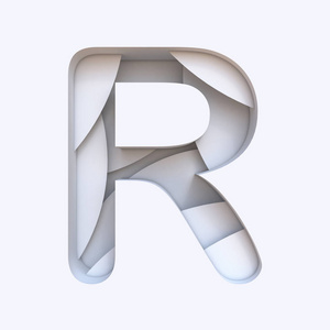 白色抽象图层字体字母 R 3d 渲染插图在白色背景上被隔离