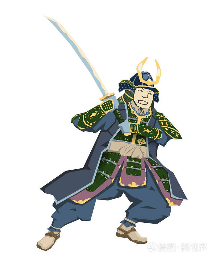 日本武士武士用武士刀在战斗位置上的草地.矢量插图.