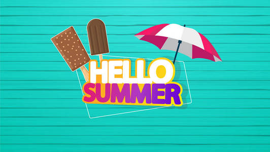 夏季矢量背景。抽象夏日标签用冰淇淋和雨伞