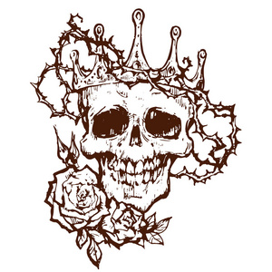 头骨在王冠和冠刺死哥特纹身矢量素描墨手画涂鸦插图