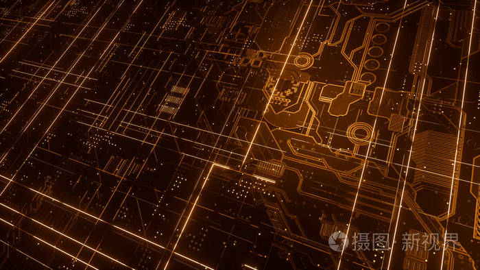 数字电子电路板.许多发光线和几何元素的抽象结构.创意技术理念.