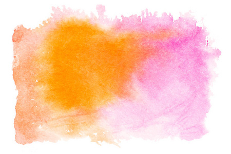 粉红色橙色水彩飞溅在白色背景下隔离。手绘画