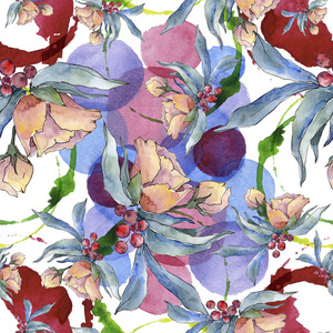 水彩五颜六色的花束热带花。花卉植物花。无缝的背景图案。织物墙纸打印纹理。水彩画野花为背景, 纹理, 包装图案