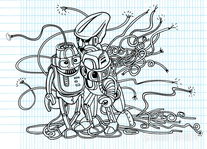 绘制矢量图的涂鸦机器人手,插画线
