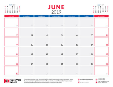 2019年6月。日历规划器信纸设计模板。矢量插图。本周开始于星期日