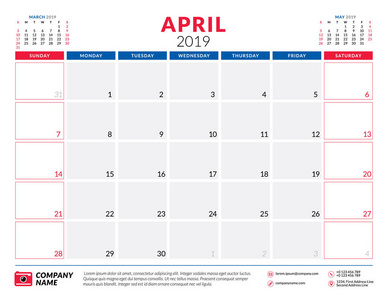 2019年4月。日历规划器信纸设计模板。矢量插图。本周开始于星期日