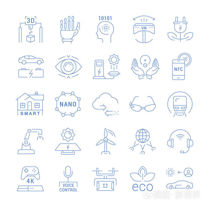 在平面设计未来的技术, 生态能源, 智能技术和电动运输与移动概念和