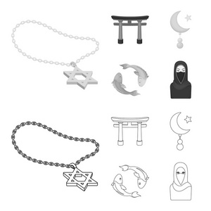 牌坊, 鲤鱼锦鲤, 妇女在面纱, 星和新月。宗教集合图标的轮廓, 单色风格矢量符号股票插画网站