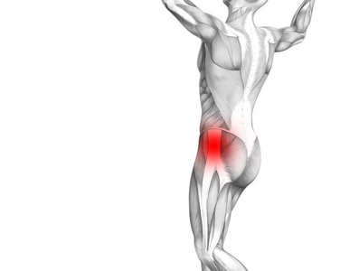 概念髋部人体解剖学与红色热点炎症关节关节疼痛的腿保健治疗或运动肌肉的概念。3d. 图示人关节炎或骨质疏松症
