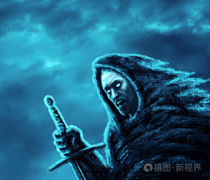 愤怒的黑暗战士用剑.类型的幻想.蓝色背景色
