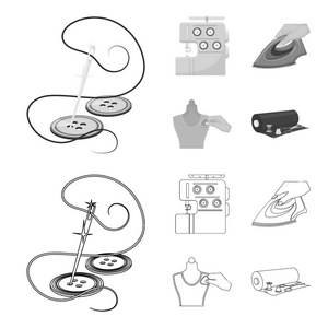 电动缝纫机熨斗熨用粉笔打标卷布等设备。缝纫和设备集合图标的轮廓, 单色风格矢量符号股票