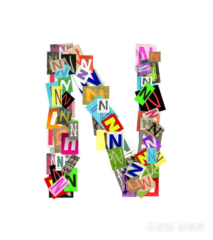 字母集合大写 n, 字母被形成与一个小图片的拼贴, 大写和小写字母, 在
