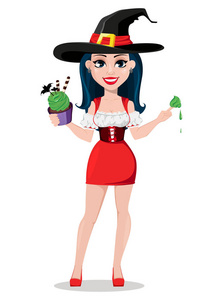 万圣节快乐。的女巫穿着漂亮的衣服和帽子。可爱的卡通人物持有神奇的蛋糕。白色背景上的矢量插图