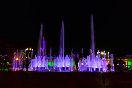 明亮多彩的喷泉在夜晚的哈巴罗夫斯克的黑龙江河路堤。鲜艳的颜色。灯具照明