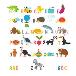 儿童字母表与可爱的卡通动物和其他有趣的线虫图片