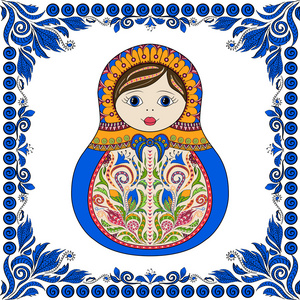 俄罗斯民俗观赏 matrioshka 娃娃矢量。手拉的 zentangle 与花香和民族饰品