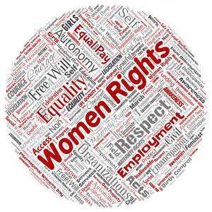 矢量概念女性权利平等, 自由意志圆圆红字云孤立背景。女性主义赋予权力正直机会意识勇气教育尊重观念的拼贴画