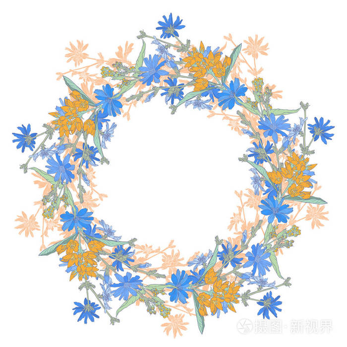 圆形图案与菊苣.圆万花筒的花朵和花卉元素.花圈.设计卡