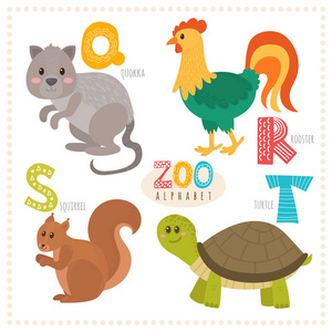 可爱的卡通动物。 带有有趣动物的动物园字母表。 q