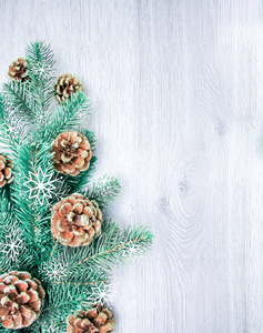 圣诞节和新的年组成。松树锥, 云杉在木白色背景的树枝, 顶部视图