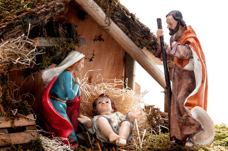 圣诞降生的场景.小屋与婴孩耶稣在马槽, 与玛丽和约瑟夫.