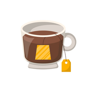 矢量图和孤立的卡通玻璃盖和带有标记的袋泡茶.温暖的饮料图标.