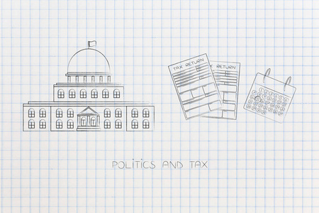 政治和日常生活概念例证 政府大厦以税回归文件和日历在它旁边