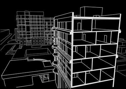 建筑的线性素描多层公寓楼。在黑色背景上的剖面图